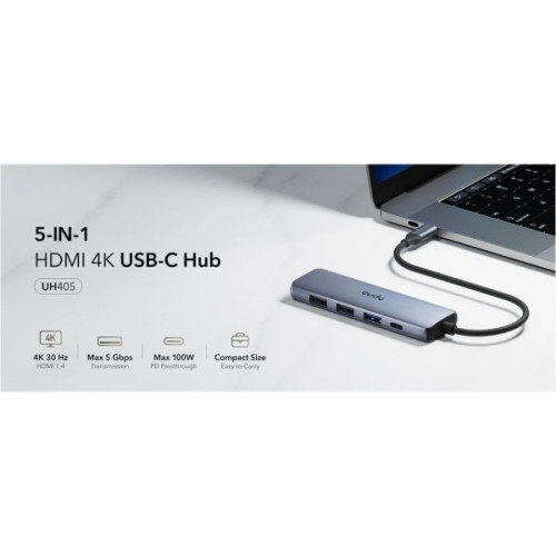 Концентратор Cudy USB-C 5-in-1 1xHDMI 4K + 1xUSB-C PD100W + 1xUSB 3.0 5Gbps + 2xUSB 2.0 (UH405)