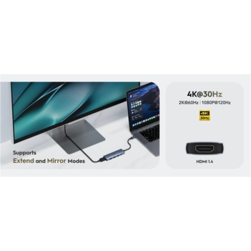 Концентратор Cudy USB-C 5-in-1 1xHDMI 4K + 1xUSB-C PD100W + 1xUSB 3.0 5Gbps + 2xUSB 2.0 (UH405)