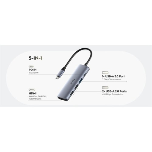Концентратор Cudy USB-C 5-in-1 1xHDMI 4K + 1xUSB-C PD100W + 1xUSB 3.0 5Gbps + 2xUSB 2.0 (UH405)