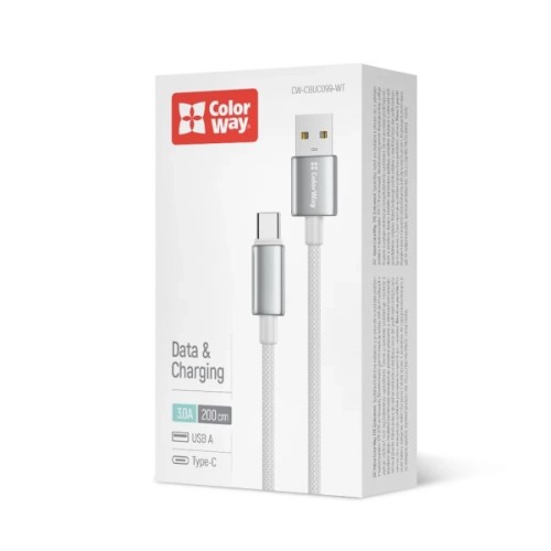 Дата кабель USB 2.0 AM to USB-C 2.0m 3A zinc alloy braided white ColorWay (CW-CBUC099-WT)