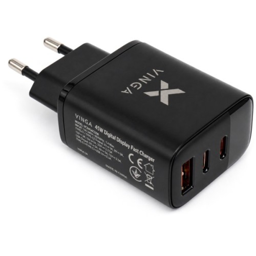 Зарядний пристрій Vinga 2xUSB-C + USB-A Display 45W (VCR45ACCDB)