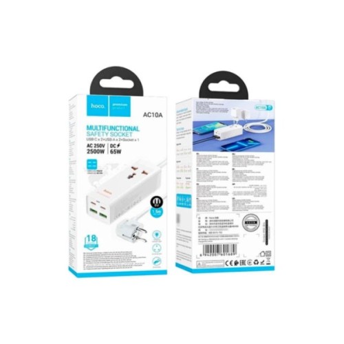 Мережевий фільтр живлення HOCO AC10A, 1 роз, 2 USB, 2 USB-C, 65W, 1,5м, White (HOCO AC10A/W)