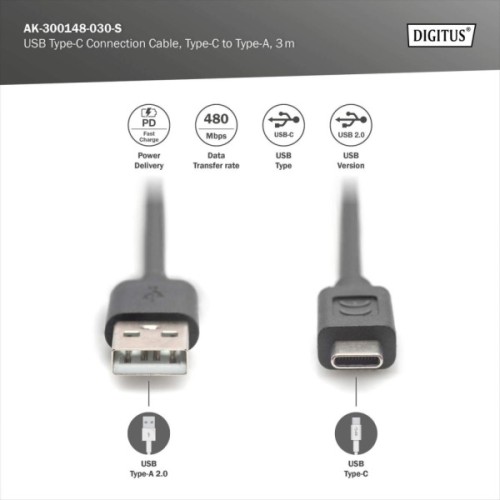 Дата кабель USB 2.0 AM to USB-C 3.0m black Digitus (AK-300148-030-S)