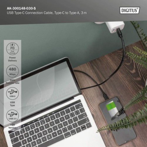 Дата кабель USB 2.0 AM to USB-C 3.0m black Digitus (AK-300148-030-S)