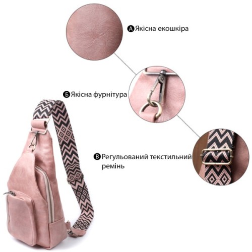 Сумка Vintage Жіноча з акцентом на текстильну лямку з гладкої екошкіри Рожева (22772)