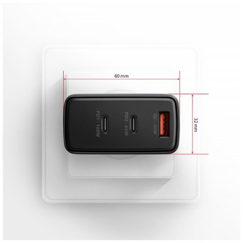 Зарядний пристрій AXAGON 1xUSB + 2xUSB-C 100W QC4+ PD3.0 PPS black (ACU-DPQ100)