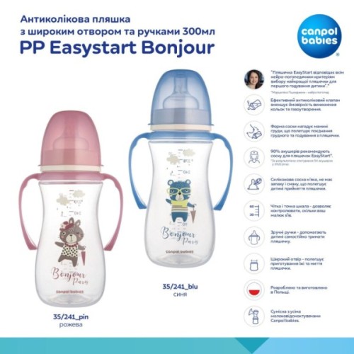 Пляшечка для годування Canpol babies PP Easystart Bonjour Paris антиколікова з широким отвором та ручками 300 м рожева (35/241_pin)