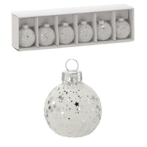Ялинкова іграшка Chomik скляні кульки 6 шт, 4 см, білі з паєтками (5900779882164)