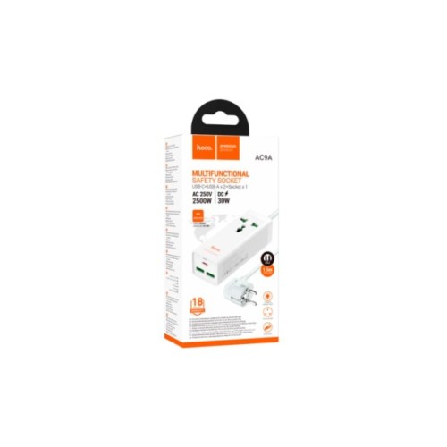 Мережевий фільтр живлення HOCO AC9A 1 роз, 2 USB,USB-C, 30W, 1,5м, White (AC9AW)
