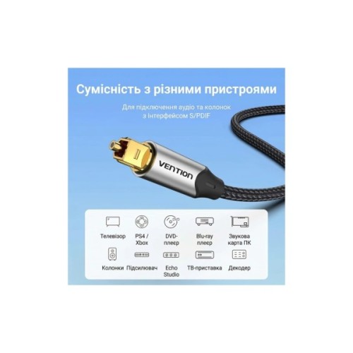 Кабель мультимедійний Optical Toslink 1.5m 5.1ch gray Vention (BAVHG)