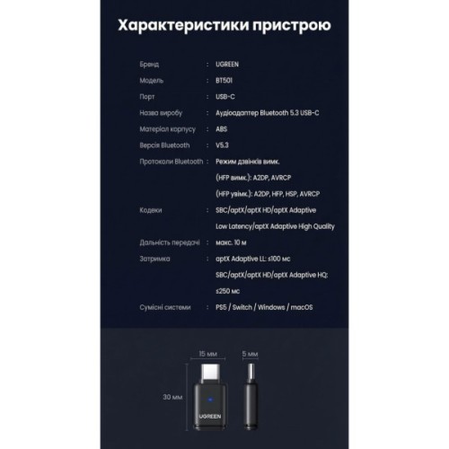 Bluetooth-адаптер Ugreen USB-C Bluetooth 5.3 Audio Transmitter PC/PS5/Switch BT501 black (45008)