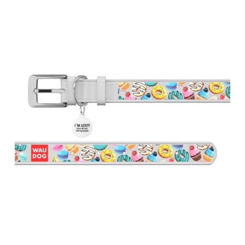 Нашийник для тварин WAUDOG Design з QR паспортом "Пончики" Ш 25 мм Д 38-49 см білий (371315)