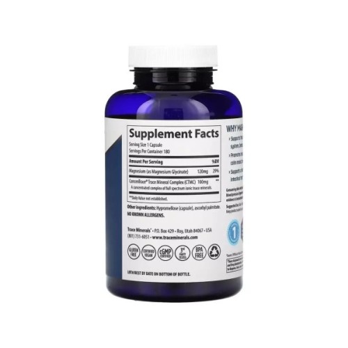 Мінерали Trace Minerals Гліцинат магнію, 120 мг, Magnesium Glycinate, 180 капсул (TMR-00815)