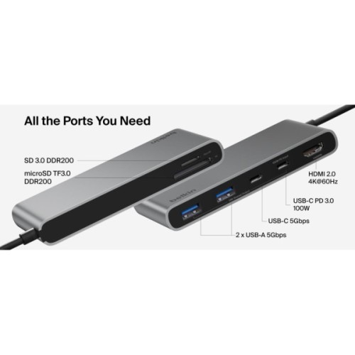 Концентратор Belkin USB-C 7-in-1 2xUSB 3.0 + USB-C + PD + HDMI 2.0 4K60Hz + SD/TF gray (AVC023HQSGY)