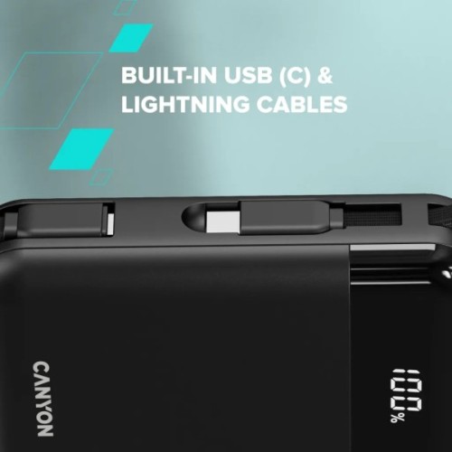 Батарея універсальна Canyon 10000mAh OnPower 104 PD/20W, QC/22.5W built-in cable Black (CNS-CPB104B)