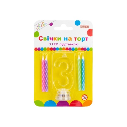 Свічка Maxi 4 шт. на торт з LED підставкою "3", що світиться (MX701007-3)
