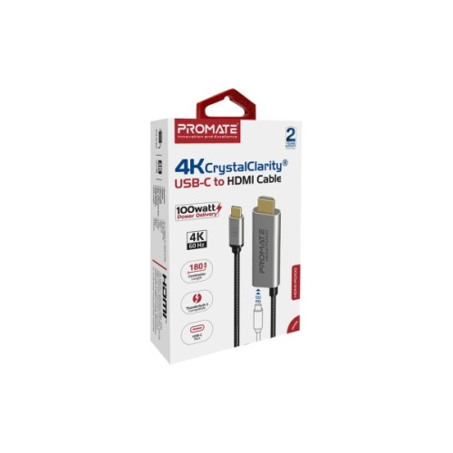 Кабель мультимедійний USB-C to HDMI M 1.8m + USB-CF grey Promate (hdmi-pd100.grey)