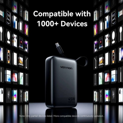 Батарея універсальна Vention 20000 mAh 45W Mini with Built-in USB-C Cable Gray (FHGH0)
