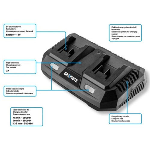Зарядний пристрій для акумуляторів інструменту Graphite Energy+ 18V, 3А,0.74кг (58G085)