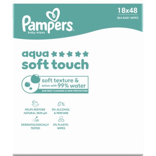 Дитячі вологі серветки Pampers Aqua Soft Touch 48 шт х 18 пачок (864 шт) (8006530139977)