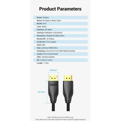 Кабель мультимедійний DisplayPort M to DisplayPort M 1.5m 8K60Hz black Vention (HCCBG)