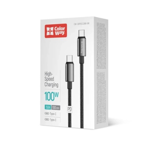 Дата кабель USB-C to USB-C 1.0m 5A 100W zinc alloy braided black ColorWay (CW-CBPDCC098-BK)