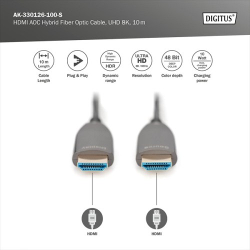 Кабель мультимедійний HDMI M to HDMI M 10m 8K AOC hybrid-fiber black Digitus (AK-330126-100-S)