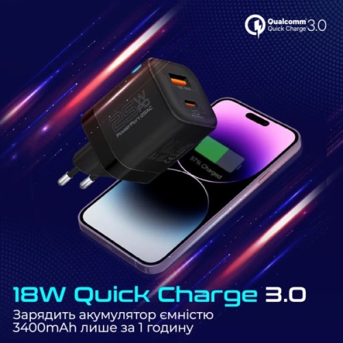 Зарядний пристрій Promate USB-C + USB-A (powerport-25ac.black)