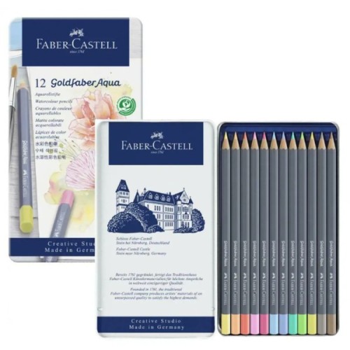 Олівці кольорові Faber-Castell GoldFaber Pastel,акварельні, металевий пенал 12 кольорів (114622) (31788)