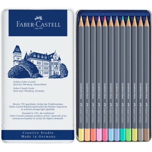 Олівці кольорові Faber-Castell GoldFaber Pastel,акварельні, металевий пенал 12 кольорів (114622) (31788)