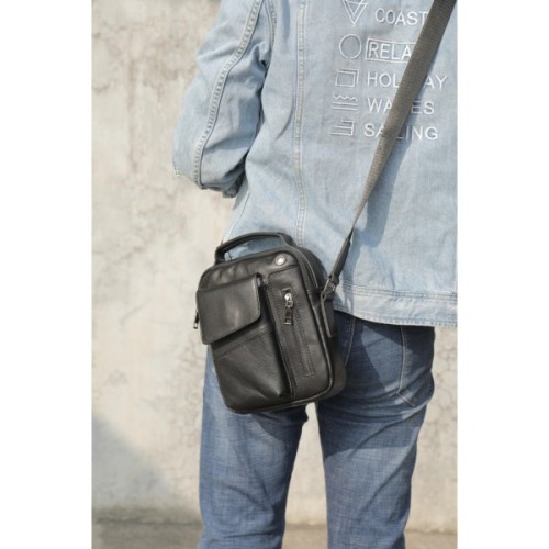 Сумка Vintage Вертикальна чоловіча у щільній шкірі Чорна (20366)