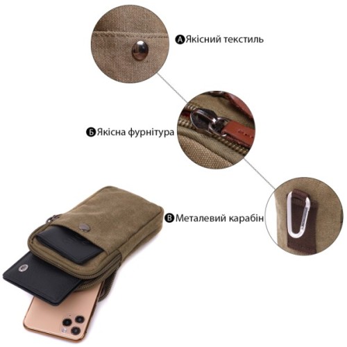 Сумка Vintage На пояс з металевим карабіном з текстилю Оливкова (22224)