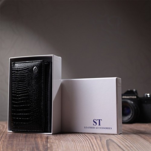 Гаманець ST Leather Три складення з натуральної шкіри Чорний (22707)