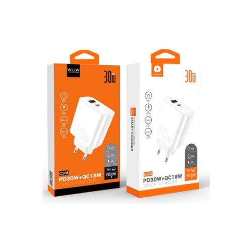 Зарядний пристрій WUW C208 1xUSB-C PD30W + 1xUSB QC3.0 18W White (6972573333417)