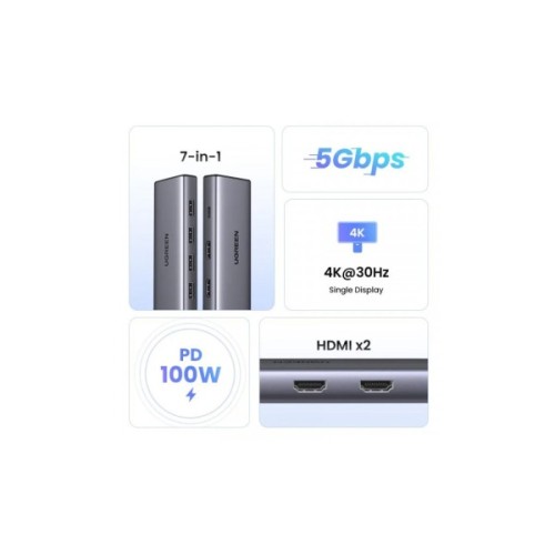 Порт-реплікатор Ugreen Dock CM498 USB 3.0 Type-C -> 1хUSB-A 3.0/3хUSB-A 2.0/2xHDMI 4K 30Гц PD (35897)