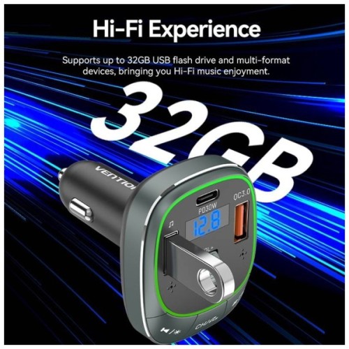 FM модулятор Vention PD 54W 3-Port USB (C+A+A) LED/USB Flash/Bluetooth, вольтметр (FFLB0)