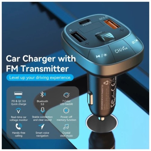 FM модулятор Vention PD 54W 3-Port USB (C+A+A) LED/USB Flash/Bluetooth, вольтметр (FFLB0)