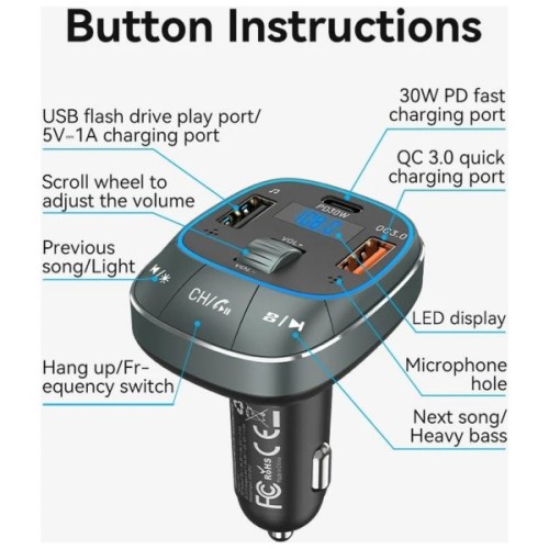 FM модулятор Vention PD 54W 3-Port USB (C+A+A) LED/USB Flash/Bluetooth, вольтметр (FFLB0)