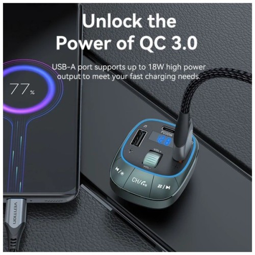 FM модулятор Vention PD 54W 3-Port USB (C+A+A) LED/USB Flash/Bluetooth, вольтметр (FFLB0)