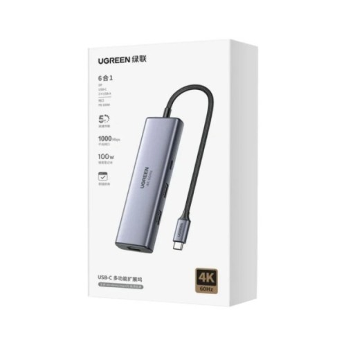 Концентратор Ugreen USB-C 6-in-1 2xUSB-A + 1xUSB-C PD100W + DisplayPort 4K60Hz + 1xRJ45 1000Mbps black (75643)