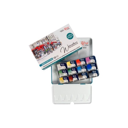 Акварельні фарби Rosa Gallery Urban Sketching в металевому пеналі Бірюза 12 кольорів кювета (4823098525691)