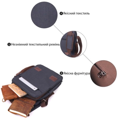 Сумка Vintage Вертикальна чоловіча через плече текстильна Чорна (21261)