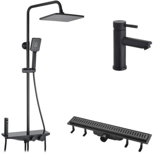 Душовий гарнітур Kroner Armada-SCH066 + змішувач Edelstahl Klassisch-SCH010 + трап лінійний Harz SCH60 Sektion Schwarz (CVS30169)