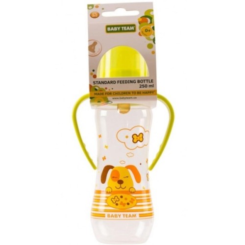 Пляшечка для годування Baby Team з латексною соскою і ручками 250 мл 0+ (1311_собачка_салатовая)