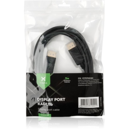 Кабель мультимедійний DisplayPort M to DisplayPort M 3.0m Vinga (VCPDPMM3BK)