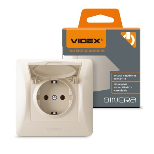 Розетка Videx BINERA 1ая із заземленням і кришкою крем (VF-BNSK1GС-CR)