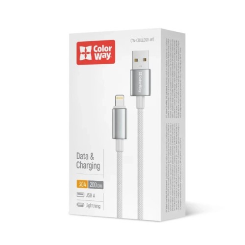 Дата кабель USB 2.0 AM to Lightning 2.0m 3A zinc alloy braided white ColorWay (CW-CBUL099-WT)