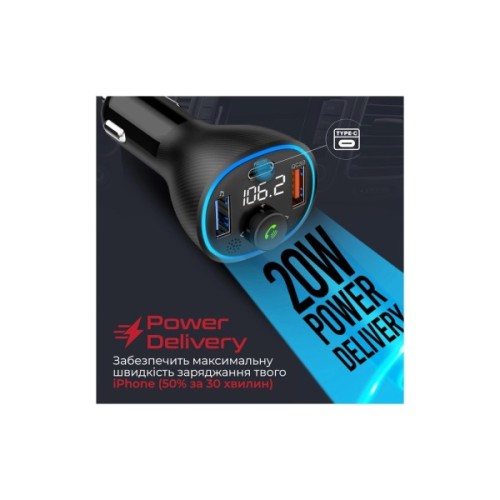 FM модулятор Promate PowerTune 38w USB-A OTG/USB-A QC3.0/USB-C PD Black (powertune-38w.black)