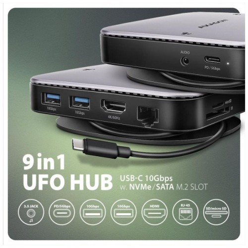 Порт-реплікатор AXAGON USB 3.2 Gen 2 (3.1 Gen 2) Type-C 9in1 hub, 10 Gbps. grey (HMC-UFO)