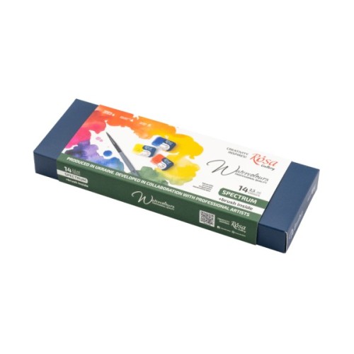 Акварельні фарби Rosa Gallery SPECTRUM, 14*2,5мл, з пензлем, кювета Індіго металевий пенал (4823098544760)